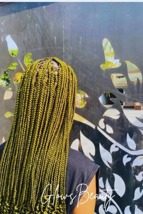 Full length of olive-toned knotless braids with curled ends